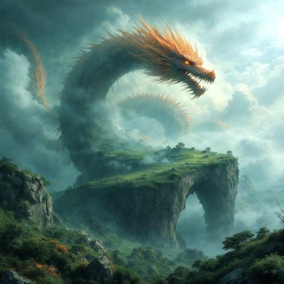 Primary subject: A dragon with a long, curved tail and a fierce expression.

Setting/background: A lush, green hillside with a cloudy sky in the background.

Visual style: Digital art.

Colors and mood: The dragon is predominantly orange and yellow, with a fierce and menacing expression. The lush green hillside and cloudy sky create a serene and natural atmosphere.